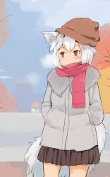 Rule 34 | 1girl, alternate costume, animal ears, beanie, breath, coat, contemporary, hands in pockets, hat, highres, inubashiri momiji, scarf, sinzan, sketch, skirt, solo, tail, touhou, winter clothes, winter coat, wolf ears, wolf tail