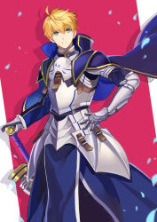 Rule 34 | 1343978684, 1boy, absurdres, armor, armored dress, arthur pendragon (fate), blonde hair, blue cape, blue dress, breastplate, cape, dress, excalibur (fate/stay night), excalibur (fate/prototype), fate/grand order, fate/prototype, fate (series), faulds, gauntlets, greaves, green eyes, hair between eyes, highres, holding, holding sword, holding weapon, male focus, pauldrons, short hair, shoulder armor, solo, sword, weapon