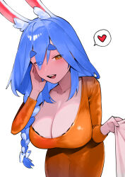 Rule 34 | 1girl, animal ear fluff, animal ears, blue hair, blush, bow, braid, breasts, cleavage, clothes grab, collarbone, commentary, dismassd, dress, hair between eyes, hair bow, hand on own face, heart, highres, hololive, huge breasts, long braid, long hair, looking at viewer, mature female, multicolored hair, open mouth, orange dress, orange eyes, pekomama, rabbit ears, rabbit girl, simple background, speech bubble, teeth, thick eyebrows, upper teeth only, virtual youtuber, white background, white bow, white hair