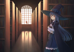 Rule 34 | 104 (luins104), 1girl, bird, blue bow, blue dress, blue hair, blue ribbon, book, bookshelf, bow, cape, dress, frilled dress, frills, hat, holding, holding book, library, long hair, long sleeves, looking at viewer, original, owl, pleated dress, red eyes, ribbon, solo, standing, window, witch, witch hat