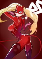 Rule 34 | 10s, 1girl, ass, baron (baron-eros), blonde hair, blue eyes, body piercing, bodysuit, breasts, earrings, jewelry, large breasts, long hair, looking at viewer, mask, persona, persona 5, smile, solo, takamaki anne, twintails, weapon, whip