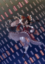 Rule 34 | 1girl, adapted costume, arm up, armpits, ascot, asymmetrical hair, bloomers, brown eyes, brown hair, detached sleeves, frills, full body, gohei, gradient background, hair ornament, hair ribbon, hair tubes, hakurei reimu, highres, japanese clothes, long sleeves, looking at viewer, midriff, miko, ofuda, open mouth, outstretched arm, ribbon, shirt, shoes, skirt, skirt set, smile, socks, solo, soumakyo, touhou, underwear, upskirt, white socks, wide sleeves