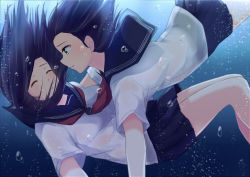 Rule 34 | 1girl, air bubble, black skirt, blurry, blush, breath, closed mouth, depth of field, closed eyes, freediving, from side, holding breath, itachi kanade, light smile, long hair, looking at another, neckerchief, original, parted lips, pleated skirt, profile, school uniform, serafuku, short sleeves, skirt, solo, tears, underwater, yuri