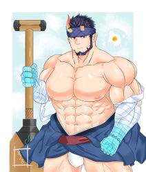 Rule 34 | 1boy, 816 (816 gray), abs, absurdres, bandages, bara, bare pectorals, beard, blue kimono, broken horn, bulge, cowboy shot, demon boy, demon horns, egg (food), facial hair, food, fried egg, fundoshi, glowing horns, headband, highres, holding, holding weapon, horns, huge weapon, japanese clothes, kimono, large pectorals, live a hero, looking at viewer, male focus, male underwear, mature male, muscular, muscular male, navel, nessen (live a hero), nipples, no pants, open clothes, open kimono, paddle, pectorals, short hair, solo, stomach, thick thighs, thighs, topless male, underwear, weapon, white male underwear
