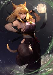 Rule 34 | 1girl, animal ears, bare shoulders, black gloves, blonde hair, cat ears, facial mark, final fantasy, final fantasy xiv, fingerless gloves, fishnets, gloves, highres, holding, holding weapon, kunai, medium hair, miqo&#039;te, moon, ninja (final fantasy), open mouth, outdoors, peperon (peperou), red eyes, scabbard, sheath, signature, slit pupils, solo, sword, tail, weapon, weapon on back