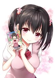 Rule 34 | 1girl, absurdres, black hair, blush, bow, breasts, closed mouth, collared shirt, commentary request, cover, cover page, diagonal stripes, floral background, flower, hair between eyes, hair bobbles, hair flower, hair ornament, hands up, highres, holding, medium breasts, novel cover, omoomomo, original, pink flower, puffy short sleeves, puffy sleeves, red bow, red eyes, shirt, short sleeves, signature, smile, solo, striped, striped bow, sweater vest, twintails, white background, white shirt