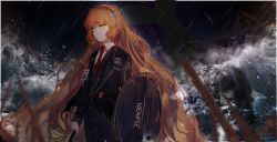 Rule 34 | 1girl, black jacket, black pants, black vest, boat, formal, freckles, green eyes, highres, holding, holding weapon, id card, ishmael (project moon), jacket, limbus company, lk0 71604, long hair, long sleeves, necktie, orange hair, pants, project moon, rain, red necktie, ribbon, shield, shirt, suit, very long hair, vest, water, watercraft, weapon, whale, white ribbon, white shirt