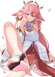 Rule 34 | 1girl, absurdres, animal ears, bare legs, bare shoulders, breasts, commentary request, covering own mouth, cowboy shot, detached sleeves, earrings, feet, fingernails, foreshortening, fox, fox ears, fox tail, genshin impact, hair between eyes, heizhouzi (nankyoko), highres, japanese clothes, jewelry, large breasts, leaning back, long hair, looking at viewer, low-tied long hair, miko, nail polish, ofuda, pink hair, pink nails, pink tail, priestess, purple eyes, ribbon trim, sandals, simple background, sitting, solo, tail, tassel, toenails, toes, vision (genshin impact), white background, wide sleeves, yae miko