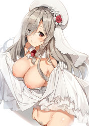 Rule 34 | 1girl, beret, blush, braid, breasts, bridal veil, choker, cleavage, clothes lift, dress, dress lift, female pubic hair, flower, g36c (girls&#039; frontline), g36c (you who steps up) (girls&#039; frontline), girls&#039; frontline, gloves, hair over one eye, hat, highres, large breasts, lifted by self, long hair, looking at viewer, navel, nipple slip, nipples, official alternate costume, pubic hair, red eyes, red flower, red rose, rose, side braid, silver hair, smile, solo, togo (korlsj1235), veil, very long hair, wedding dress, white gloves