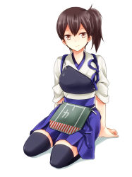 Rule 34 | 10s, 1girl, black thighhighs, brown eyes, brown hair, japanese clothes, kaga (kancolle), kantai collection, kubyou azami, multiple girls, muneate, personification, short hair, side ponytail, sitting, smile, solo, thighhighs, white background