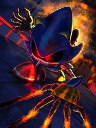 Rule 34 | 1boy, armor, artist name, blue armor, claws, glowing, glowing eyes, highres, laqiraly, looking at viewer, metal sonic, red eyes, robot, signature, solo, sonic (series), sparks, watermark