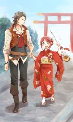Rule 34 | 10s, 1boy, 1girl, beard, belt, blue eyes, blush, boots, brown eyes, child, eguille (tales), facial hair, flower, grey hair, hair ornament, highres, japanese clothes, jewelry, kimono, necklace, open mouth, pants, red hair, rose (tales), short hair, tales of (series), tales of zestiria, vest