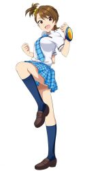 Rule 34 | 1girl, blue necktie, blue skirt, blue socks, brown eyes, brown hair, full body, futami ami, hair ornament, hair scrunchie, idolmaster, idolmaster (classic), kneehighs, leg up, looking at viewer, necktie, one side up, open mouth, pleated skirt, school uniform, scrunchie, shirt, short hair, short sleeves, simple background, skirt, socks, solo, white background, white shirt