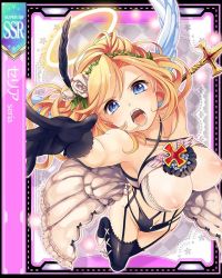 Rule 34 | 1girl, angel, angel wings, black gloves, blonde hair, blue eyes, breasts, card (medium), character name, feathers, gloves, halo, large breasts, long hair, nipples, official art, open mouth, osawari island mobile, rose, seria (osawari island), solo, tagme, thighhighs, wings