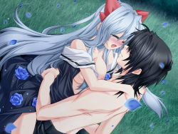 Rule 34 | 1boy, 1girl, ashe (under the moon), black hair, blue hair, blue rose, blush, breasts, clothed sex, dress, closed eyes, flower, game cg, grass, hetero, large breasts, leni (under the moon), long hair, nipples, no bra, open clothes, open shirt, outdoors, petals, rose, sex, shirt, topless male, straddling, sweat, tears, toujou sakana, under the moon, upright straddle, white hair