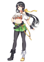 Rule 34 | 1girl, asymmetrical footwear, belt, black eyes, black footwear, black gloves, black hair, black pantyhose, boots, buena vista (racehorse), facing viewer, fingerless gloves, fujikitsune, full body, gloves, green skirt, hair ornament, hair ribbon, highres, long hair, looking at viewer, midriff, mismatched footwear, navel, o-ring, pantyhose, personification, ponytail, ribbon, simple background, skirt, smile, solo, standing, umabi, very long hair, white background, white footwear, yellow ribbon
