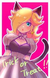 Rule 34 | 1girl, alternate costume, animal ears, blonde hair, blue eyes, blush, bow, cat ears, cat tail, dress, earrings, hair over one eye, halloween, highres, jewelry, long hair, looking at viewer, mario (series), nintendo, nonoworks, parted lips, puffy short sleeves, puffy sleeves, rosalina, short sleeves, signature, solo, star (symbol), star earrings, striped clothes, striped dress, super mario galaxy, tail, trick or treat