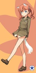 Rule 34 | 1girl, animal ears, blue eyes, female focus, francie gerard, full body, horse girl, military, military uniform, no socks, non-web source, red hair, shimada fumikane, smile, solo, strike witches, strike witches: katayoku no majo-tachi, tail, twintails, uniform, world witches series