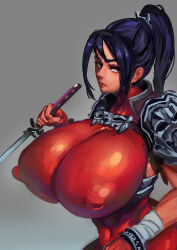 Rule 34 | 1girl, arm wrap, armor, bathsalts, black hair, bodysuit, breasts, covered erect nipples, covered navel, grey background, highres, holding, holding weapon, huge breasts, katana, looking to the side, pauldrons, ponytail, red lips, shoulder armor, sketch, solo, soul calibur, sword, taki (soulcalibur), upper body, wakizashi, weapon