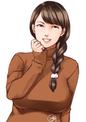 Rule 34 | 1girl, braid, breasts, brown eyes, brown hair, ganto, grin, hair over shoulder, large breasts, long hair, looking at viewer, original, side braid, signature, simple background, single braid, sleeves past wrists, smile, solo, sweater, upper body, white background