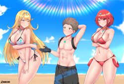 Rule 34 | 1boy, 2girls, absurdres, beach, belly, bikini, blonde hair, breasts, crossed arms, embarrassed, ffm threesome, flirting, gloves, group sex, height difference, highres, jealous, kaos art, lotion, midriff, multiple girls, mythra (xenoblade), nervous, nintendo, ocean, pyra (xenoblade), red eyes, red hair, rex (xenoblade), sunscreen, swimsuit, thick thighs, thighs, threesome, tiara, xenoblade chronicles (series), xenoblade chronicles 2, yellow eyes