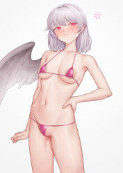 Rule 34 | 1girl, angry, areola slip, bikini, blush, breasts, cleft of venus, clenched hand, commentary, cowboy shot, feathered wings, groin, hand on own hip, highres, kishin sagume, large areolae, looking to the side, medium breasts, micro bikini, ni (221), pink bikini, pink eyes, short hair, simple background, single wing, skindentation, solo, string bikini, swimsuit, thighs, touhou, white background, white hair, white wings, wings