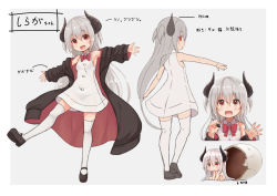 Rule 34 | 1girl, :d, bare arms, barefoot, black footwear, black jacket, blush, bow, bowtie, breasts, chibi, collared dress, commentary request, curled horns, dress, eggshell, grey background, hair between eyes, holding, holding stylus, horns, indie virtual youtuber, jacket, long hair, long sleeves, looking at viewer, multiple views, nude, open clothes, open jacket, open mouth, original, outstretched arm, red eyes, red neckwear, shoes, siragagaga, sleeveless, sleeveless dress, sleeves past wrists, small breasts, smile, soles, standing, standing on one leg, stylus, thighhighs, translation request, two-tone background, two side up, very long hair, virtual youtuber, white background, white dress, white thighhighs, wide sleeves