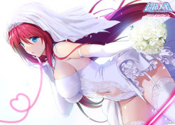 Rule 34 | 1girl, bare shoulders, beat angel escalayer, blue eyes, bouquet, breasts, bridal veil, clothing cutout, dress, elbow gloves, escalation heroines, escalayer, finger to mouth, flower, garter straps, gloves, heart, kouenji sayuka, large breasts, leotard, long hair, navel, navel cutout, official art, onigirikun, pinky out, red hair, showgirl skirt, sideboob, simple background, skirt, solo, strapless, strapless leotard, string, string of fate, thighhighs, thighs, veil, wedding dress, white background, white gloves, white leotard, white skirt, white thighhighs, white veil