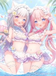 Rule 34 | 2girls, animal ear fluff, animal ears, apron, bikini, blue bow, blue bowtie, blue eyes, blush, bow, bowtie, breasts, cat ears, cat girl, cleavage, finger to own chin, frilled bikini, frills, grey hair, heterochromia, highres, long hair, looking at viewer, maid headdress, multiple girls, omochi monaka, open mouth, original, palm tree, pink bow, pink bowtie, pink hair, purple eyes, small breasts, smile, swimsuit, thigh strap, tree, twintails, water, wrist cuffs