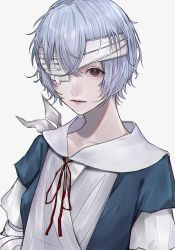 Rule 34 | absurdres, arm sling, ayanami rei, bad id, bad pixiv id, bandage over one eye, bandaged arm, bandages, bandaid, bandaid on face, blue hair, closed mouth, collarbone, commentary, crossed bangs, english commentary, expressionless, eyelashes, head tilt, highres, injury, light blue hair, looking at viewer, mano aaa, medium hair, messy hair, neck ribbon, neon genesis evangelion, red eyes, red ribbon, ribbon, school uniform, serafuku, simple background, solo, tokyo-3 middle school uniform, white background