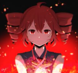 1girl ahoge black_background closed_mouth collared_shirt double-parted_bangs drill_hair embers fingernails fire hair_between_eyes interlocked_fingers kasane_teto looking_at_viewer np_eny own_hands_together red_background red_eyes red_hair red_trim shirt signature sleeveless sleeveless_shirt smile solo twin_drills upper_body utau wing_collar