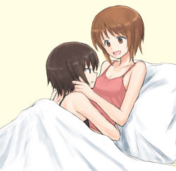 Rule 34 | 2girls, :d, bed sheet, black shirt, blouse, breasts, brown eyes, brown hair, cleavage, collarbone, eye contact, from side, girls und panzer, hug, incest, looking at another, multiple girls, mutsu (layergreen), nishizumi maho, nishizumi miho, open mouth, pillow, pink shirt, shirt, short hair, siblings, simple background, sisters, sleeveless, sleeveless shirt, small breasts, smile, under covers, upper body, white background, yuri