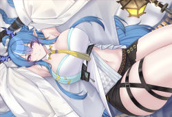 Rule 34 | 1girl, absurdres, arknights, armpits, arms up, bare shoulders, between breasts, black shorts, blue hair, braid, breasts, commentary, cowboy shot, hair between eyes, highres, horns, kanta (kanta 077), large breasts, ling (arknights), long hair, looking at viewer, navel, necktie, necktie between breasts, pointy ears, purple eyes, shirt, short shorts, shorts, smile, solo, stomach, strapless, strapless shirt, thigh strap, thighs, very long hair, white shirt, yellow necktie