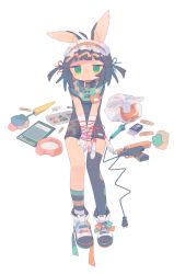 Rule 34 | 1girl, animal ear fluff, animal ears, argyle, argyle clothes, argyle legwear, asymmetrical legwear, bag, bandaid, black hair, black legwear, blunt bangs, bound, bound wrists, bowl, carrot, cigarette, cigarette pack, crayon, d:, daizu (melon-lemon), elbow gloves, full body, furrowed brow, gloves, gradient eyes, green eyes, hair ornament, hairband, highres, jitome, jump rope, lolita hairband, multicolored eyes, name tag, no nose, old school swimsuit, one-piece swimsuit, open mouth, original, pet bowl, plastic bag, rabbit ears, ribbon, school swimsuit, shoes, simple background, sitting, sneakers, socks, solo, striped clothes, striped legwear, striped socks, swimsuit, two side up, uneven legwear, weapon, white background, white gloves