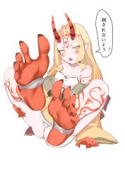 Rule 34 | 1girl, bandages, barefoot, blonde hair, blush, fate/grand order, fate (series), feet, heh, highres, horns, ibaraki douji (fate), oni, open mouth, soles, solo, tattoo, toes, translated, white background, yellow eyes