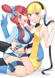 Rule 34 | 2girls, ;d, arm around waist, bad id, bad twitter id, blonde hair, blue eyes, blue footwear, blue gloves, blue jacket, blue shorts, blunt bangs, boots, cable, commentary, creatures (company), cropped jacket, elesa (pokemon), game freak, gloves, hair ornament, hand up, headphones, highres, jacket, looking at viewer, midriff, multiple girls, navel, nintendo, one eye closed, one side up, open mouth, pantyhose, pokemon, pokemon bw, pouch, red hair, ririmon, short hair, short hair with long locks, short shorts, shorts, sidelocks, sitting, skyla (pokemon), smile, symbol-only commentary, teeth, thigh pouch, tongue, turtleneck, upper teeth only, v, white background
