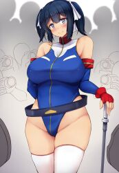 Rule 34 | 1girl, blue eyes, blue hair, blue leotard, breasts, camera, closed mouth, cosplay, curvy, elbow gloves, fingerless gloves, gloves, gundam, gundam card builder, hair ribbon, highleg, highleg leotard, highres, holding, holding camera, huge breasts, kantai collection, leotard, looking at viewer, plump, reiko holinger, ribbon, short hair, skin tight, smile, solo, souryuu (kancolle), thick thighs, thighhighs, thighs, twintails, white thighhighs, yuzumiya mono
