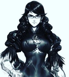 Rule 34 | 1girl, bayonetta, bayonetta (series), bayonetta 3, black dress, black hair, breasts, closed mouth, commentary, commentary request, david liu, dress, earrings, english commentary, glasses, greyscale, jewelry, long hair, looking at viewer, medium breasts, mole, mole under mouth, monochrome, simple background, solo, swept bangs, upper body, white background