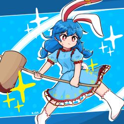 Rule 34 | 1girl, animal ears, ankle socks, blue background, blue dress, blue hair, bright pupils, closed mouth, commentary request, crescent, dress, frilled dress, frilled sleeves, frilled socks, frills, full body, hair ribbon, highres, holding, holding mallet, holding weapon, kine, long hair, looking to the side, mallet, outline, puffy short sleeves, puffy sleeves, rabbit ears, rabbit girl, red eyes, red ribbon, ribbon, seiran (touhou), short sleeves, signature, snosqu, socks, solo, sparkle, star (symbol), sweatdrop, touhou, weapon, white outline, white pupils, white socks