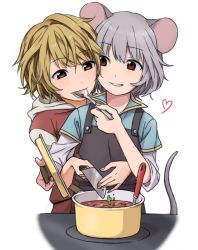 Rule 34 | 2girls, animal ears, apron, blonde hair, brown eyes, brown hair, feeding, food, grey hair, heart, jpeg artifacts, knife, long sleeves, looking at another, mouse ears, mouse tail, multicolored hair, multiple girls, nazrin, no headwear, parted lips, pot, red eyes, shirt, short hair, simple background, smile, spoon, tail, toramaru shou, touhou, toujou (toujou ramen), two-tone hair, vest, white background, yuri