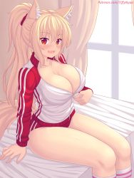Rule 34 | 1girl, animal ear fluff, animal ears, bed sheet, blonde hair, blush, breasts, buruma, cat ears, cat girl, cat tail, cleavage, collarbone, feet out of frame, hair ornament, highres, indoors, jacket, kneehighs, large breasts, long hair, long sleeves, looking at viewer, nottytiffy, open mouth, original, patreon username, ponytail, red buruma, red eyes, red scrunchie, scrunchie, sidelocks, sitting, slit pupils, smile, socks, solo, striped clothes, striped socks, tail, thighs, tiffy (nottytiffy)