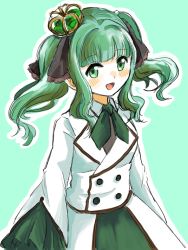 Rule 34 | 1girl, :d, aqua background, arms at sides, black ribbon, blush, buttons, collared shirt, crown, dot nose, futaba sana, green eyes, green hair, green neckerchief, green skirt, hair ribbon, happy, highres, jacket, lapels, layered sleeves, looking at viewer, magia record: mahou shoujo madoka magica gaiden, mahou shoujo madoka magica, medium hair, mini crown, neckerchief, notched lapels, nyuru, official alternate costume, open mouth, outline, ribbon, shirt, sidelocks, simple background, skirt, smile, solo, twintails, upper body, wavy hair, white jacket, white outline
