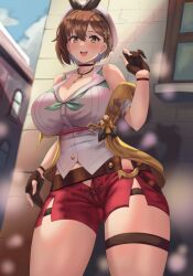Rule 34 | 1girl, atelier (series), atelier ryza, atelier ryza 2, bare shoulders, belt, beret, black ribbon, blush, braid, breasts, brown eyes, brown gloves, brown hair, brown thighhighs, cleavage, collarbone, collared shirt, gloves, gudakoguda, hair ornament, hat, jewelry, key, key necklace, large breasts, looking at viewer, necklace, open clothes, open mouth, open vest, partially fingerless gloves, red shorts, reisalin stout, ribbon, shirt, short hair, short shorts, shorts, side braid, single thighhigh, sleeveless, smile, solo, thigh strap, thighhighs, thighs, vest, white hat, white shirt, yellow vest