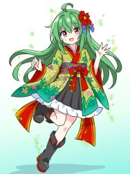 Rule 34 | 1girl, blush, boots, flower, frilled kimono, frills, full body, green hair, hair flower, hair ornament, highres, japanese clothes, kimono, kotatsu-mazoku, long hair, long sleeves, looking to the side, obi, open mouth, original, red eyes, sash, short kimono, smile, solo, standing, standing on one leg, very long hair, wide sleeves