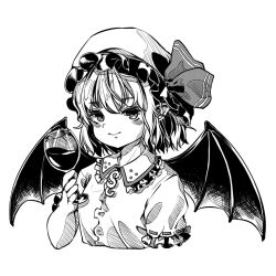 Rule 34 | 1girl, bat wings, closed mouth, collared shirt, cropped torso, cup, drinking glass, frilled shirt collar, frilled sleeves, frills, greyscale, hair between eyes, hat, holding, holding cup, kourou (kouroukun), light smile, looking at viewer, mob cap, monochrome, puffy short sleeves, puffy sleeves, remilia scarlet, ribbon-trimmed sleeves, ribbon trim, shirt, short sleeves, simple background, solo, touhou, upper body, wine glass, wings