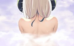 Rule 34 | 1girl, back, bare shoulders, blue ribbon, chinese commentary, ciyana, from behind, highres, horns, ikakun, indie virtual youtuber, ribbon, silver hair, solo, steam, upper body, virtual youtuber, wet
