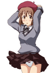 Rule 34 | 1girl, arms behind head, beret, black ribbon, black skirt, blue sweater, bow, bow panties, brown eyes, brown hair, clothes lift, commentary request, cowboy shot, crotch seam, dress shirt, hagiwara yukiho, hat, idolmaster, idolmaster (classic), layered skirt, lielos, long sleeves, looking at viewer, miniskirt, panties, pantyshot, parted lips, pleated skirt, purple hat, ribbon, shirt, short hair, simple background, skirt, skirt lift, solo, standing, sweater, underwear, v-neck, white background, white panties, white shirt, wind, wind lift