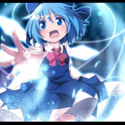 Rule 34 | 1girl, :d, blue dress, blue eyes, blue hair, blush, bow, cirno, do (4-rt), dress, fang, hair bow, happy, ice, ice wings, letterboxed, matching hair/eyes, open mouth, outstretched arm, outstretched hand, puffy sleeves, shirt, short sleeves, smile, solo, touhou, wings