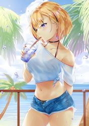 Rule 34 | 1girl, bikini, bikini under clothes, black bikini, black choker, blonde hair, blue shorts, breasts, choker, cloud, coconut, coconut tree, collarbone, cup, cutoff jeans, cutoffs, day, denim, denim shorts, disposable cup, drink, drinking, drinking straw, earrings, hair ornament, hairclip, halterneck, halterneck, highres, holding, holding cup, ice, ice cube, jewelry, kasoke no tsubasa, looking away, medium breasts, midriff, multicolored hair, nail polish, navel, ocean, off-shoulder shirt, off shoulder, open clothes, open shorts, original, outdoors, palm tree, purple eyes, purple hair, railing, red hair, red nails, see-through, see-through silhouette, shirt, short shorts, short sleeves, shorts, single bare shoulder, solo, stomach, streaked hair, swimsuit, tied shirt, tree, water, water drop, wet, white shirt