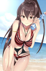Rule 34 | 10s, 1girl, beach, bikini, blush, bottle to cheek, breasts, brown eyes, brown hair, cleavage, collarbone, day, highres, kantai collection, kantai collection (anime), large breasts, long hair, looking at viewer, navel, ocean, ponytail, ramune, shirousa, smile, solo, stomach, swimsuit, thigh gap, very long hair, yamato (kancolle)